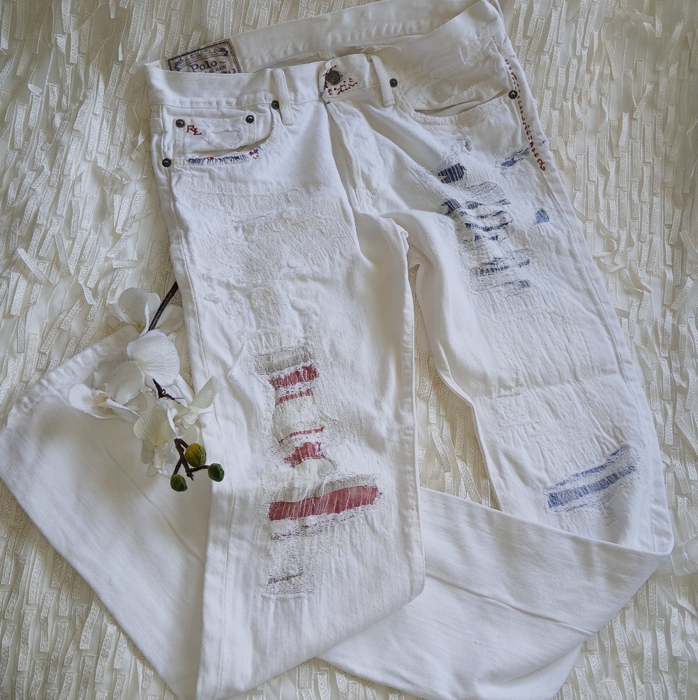 Ralph Lauren White Distressed American Flag Jeans